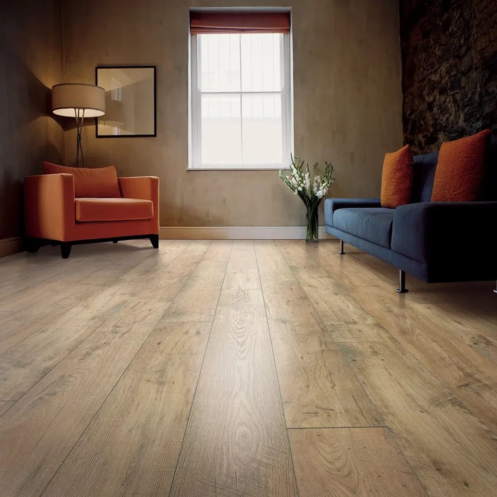 Mohawk Laminate in a warm light brown wood tone in a living room | Echo Flooring Gallery